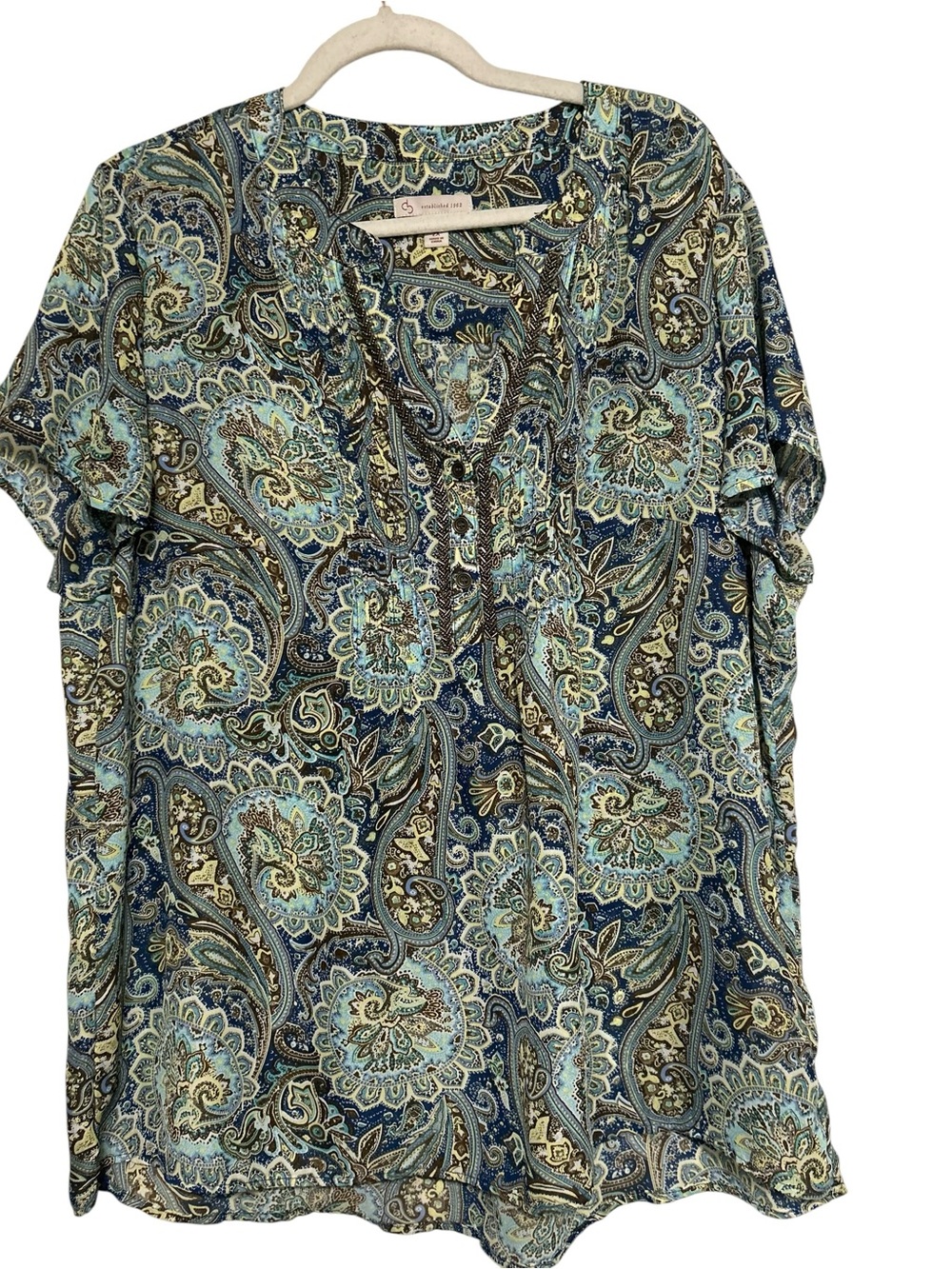 CB Established 1962 Women's Paisley Blouse Blue & Green Split Neck Tunic Top 2X